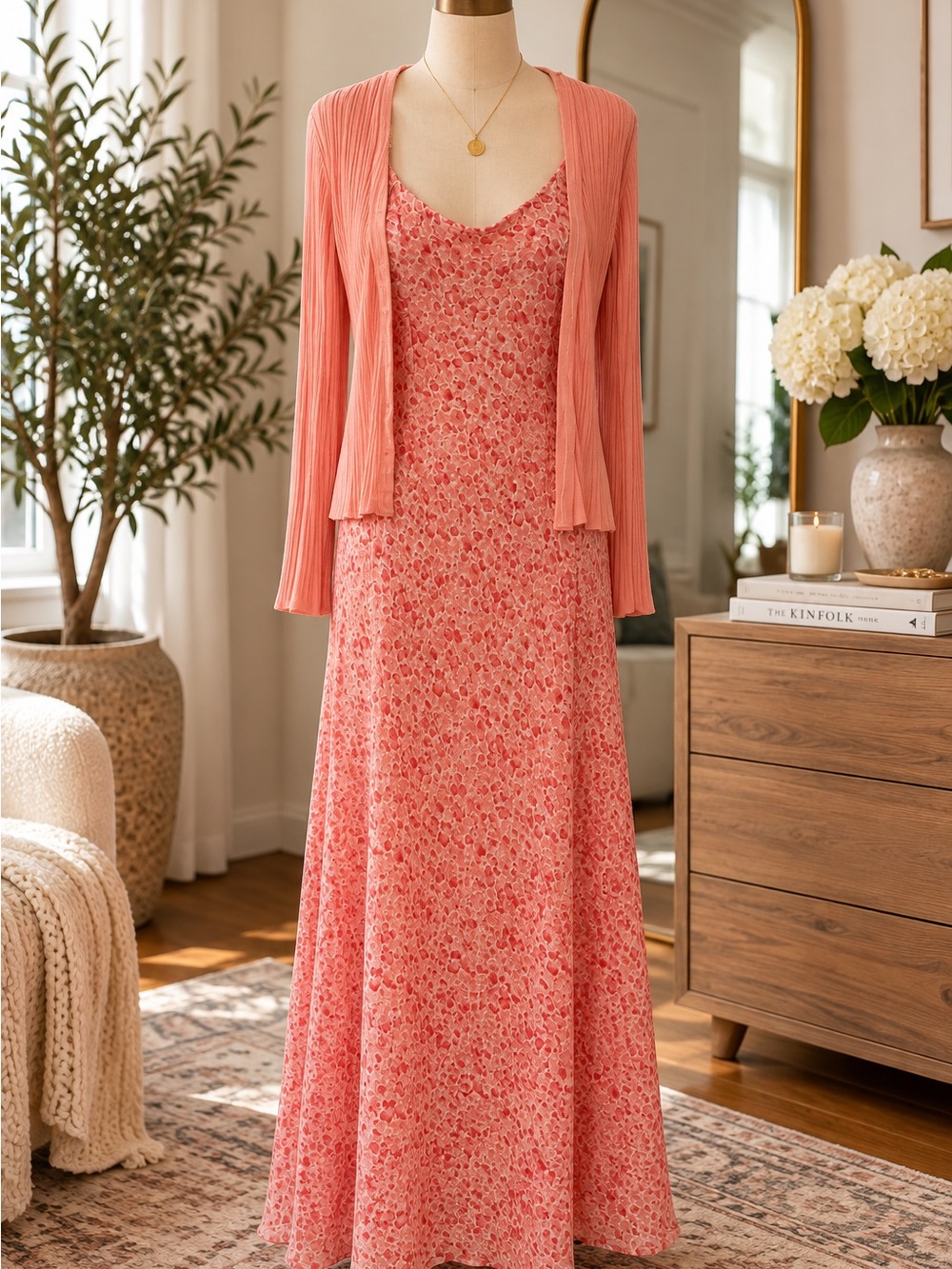 Teddi Coral Pink Floral Slip Maxi Dress with Cardigan